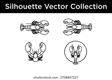 Um conjunto versátil de silhuetas de lagosta contorno preto, ideal para menus de frutos do mar, logotipos de restaurantes e projetos com temática marinha.