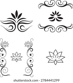 A versatile set of black outlines featuring stylized lotus flowers and graceful swirling flourishes, suitable for various artistic and design applications.