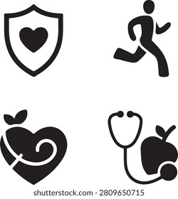 A versatile set of black silhouette icons illustrating vital health aspects including safety, physical activity, cardiac health, and general medical checkups.