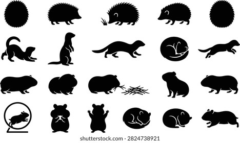 A versatile set of black silhouette icons depicting a variety of popular small pets and animals in different active and resting poses. These high-contrast vector graphics are ideal for pet shop branding, veterinary clinic materials, animal-themed educational projects, and general wildlife design assets.