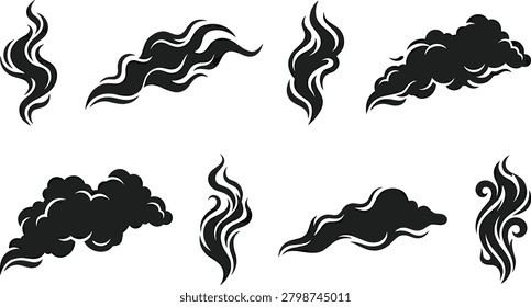 A versatile set of black silhouettes depicting realistic smoke clouds, steaming trails, and puffing wisps. Perfect for representing fire pollution, food aroma, vapor mist, or vintage comic-style toxic emissions.