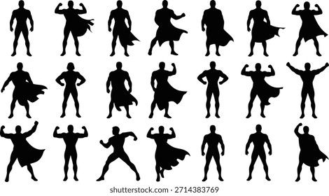 Un conjunto versátil de siluetas de superhéroes negros en varias poses heroicas y de acción, perfecto para temas de coraje, poder y aventura.