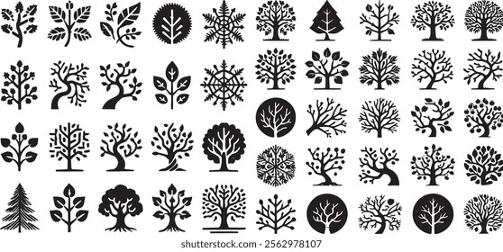 A versatile set of black tree and branch icons, featuring diverse shapes and styles, including leafy, barren, and geometric designs. Ideal for creative uses