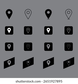 Un conjunto versátil de iconos de pin de mapa de ubicación en blanco y negro en varios estilos, perfecto para la navegación y el lugar.
