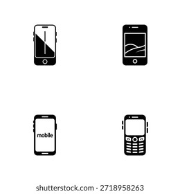 Versátil conjunto de iconos de teléfonos móviles en blanco y negro, que representan varios diseños de teléfonos inteligentes y teléfonos de características para temas de tecnología.