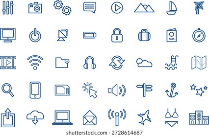 Un conjunto versátil de iconos de arte de línea azul que representan viajes, comunicación, medios de comunicación y tecnología sobre un fondo blanco.