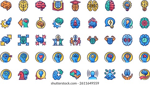 A versatile set of brain icons set representing thinking processes, artificial intelligence, and mental health can be use as logos.