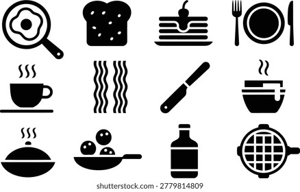 A versatile set of breakfast themed icons representing typical morning meals including eggs bacon waffles and warm beverages for food art