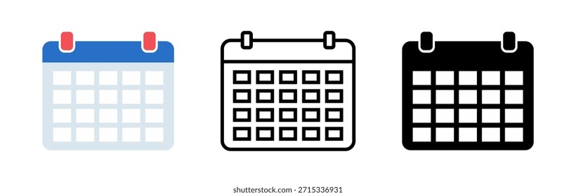 Versatile set of calendar icons, presented in flat, outline, and solid styles. Perfect for illustrating scheduling, event planning, and date management interfaces.