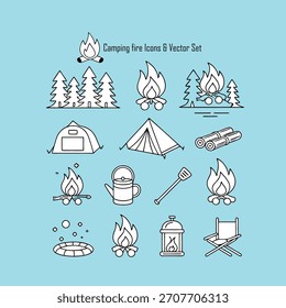 Un conjunto versátil de íconos de camping con Elementos esenciales al aire libre como tiendas de campaña, fogatas, mochilas, mapas, linternas, árboles y equipo de senderismo.