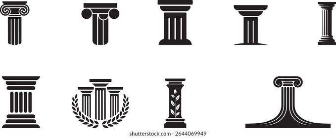 Um conjunto versátil de ícones de colunas clássicas em preto e branco, apresentando estilos icônicos como dórico, jônico, coríntio e toscano. Ideal para projetos de design arquitetônico e apresentações.