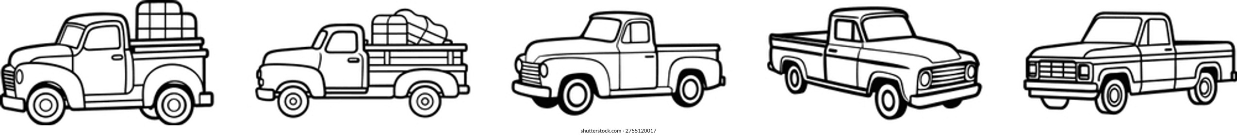 A versatile set of classic vintage pickup trucks in a clean black and white outline style. These antique retro farm vehicles include various models from cargo haulers to utility work trucks. High quality side profile drawings perfect for garage restoration themes, stickers, and automotive art.