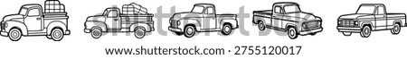 A versatile set of classic vintage pickup trucks in a clean black and white outline style. These antique retro farm vehicles include various models from cargo haulers to utility work trucks. High quality side profile drawings perfect for garage restoration themes, stickers, and automotive art.