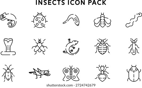 A versatile set of clean, black line-art insect icons suitable for apps, websites, education, and design projects. Includes 15 distinct styles of beetle, butterfly, bee, ant, caterpillar and more.