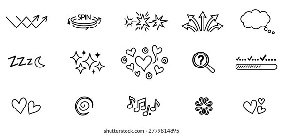 Versatile set of comic expression icons and decorative symbols. Featuring multiple heart styles, music notes, sleeping moon, loading progress bar, and magnifying glass search icon. Hand drawn vector elements for storytelling, user interface, and stickers.