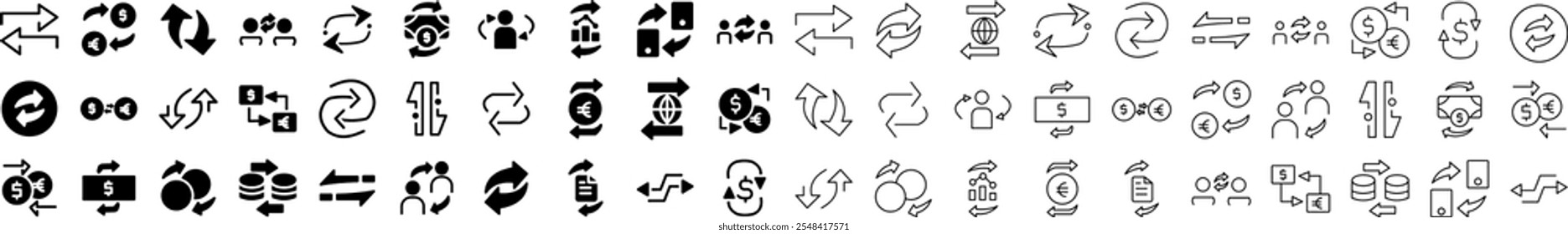 Un conjunto versátil de iconos de intercambio de divisas y transacciones en estilos de contorno y negro sólido, con flechas, símbolos de dinero, usuarios, monedas y conceptos de intercambio global.