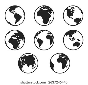 A versatile set of earth globe silhouette illustrations featuring various world map angles. Ideal for educational materials, global themed designs, travel visuals, and environmental campaigns.