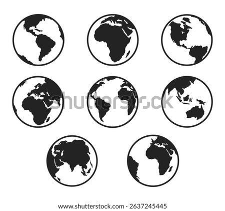 A versatile set of earth globe silhouette illustrations featuring various world map angles. Ideal for educational materials, global themed designs, travel visuals, and environmental campaigns.
