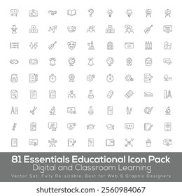 A versatile set of educational tools icons, covering STEM, online learning, writing tools, and classroom essentials. Ideal for apps, websites, and digital content.