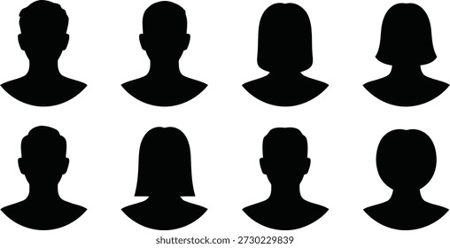 Ein vielseitiger Satz von acht schwarzen Silhouetten, die verschiedene anonyme Benutzerprofile oder Platzhaltersymbole für Online-Plattformen und digitale Identitäten darstellen.