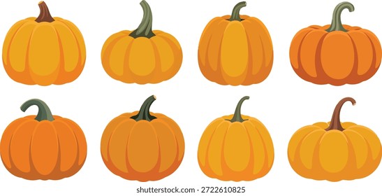 Un conjunto versátil de ocho calabazas de dibujos animados con diferentes subgrupos, ideal para recetas de temporada y temas de Acción de Gracias.