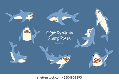 A versatile set of eight unique shark illustrations, each showcasing a different pose and expression. Perfect for creating dynamic and engaging underwater scenes.