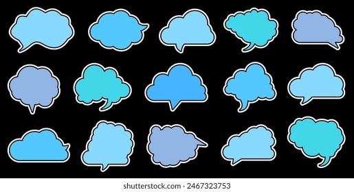 A versatile set of fifteen blue speech bubbles in various shapes and sizes, displayed against a black background. Perfect for adding a creative touch to comics, graphic designs, and artistic projects.