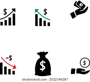 Um conjunto versátil de ícones de finanças e negócios com imagens relacionadas ao dólar. Os ícones incluem um saco de dólares, segurando as mãos em dólares e sinais de dólar representando transações financeiras.  