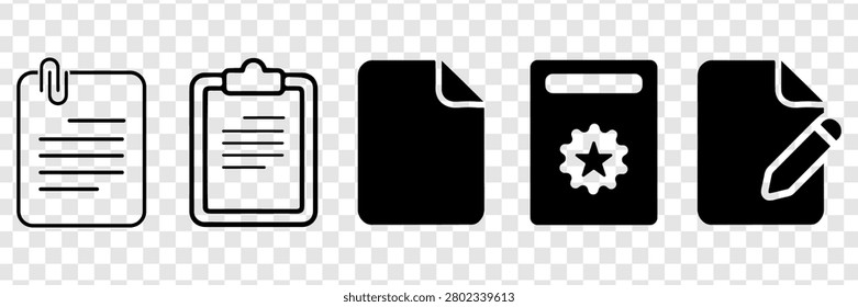 A versatile set of five document and clipboard icons featuring both outline and solid styles. Includes a paper document with paperclip, a clipboard with checklist, a blank file, a settings file with gear and star badge, and an editable file with pen symbol. Perfect for business apps, office workflow tools, file management systems, data record interfaces, and digital productivity design. Available in clean black vector format with transparent background.
#documenticon #iconset #vectorart #uidesign #filemanagement #graphicdesign