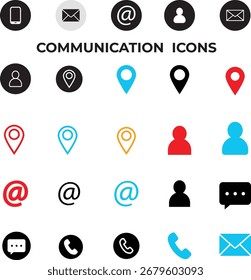 Um conjunto versátil de ícones de vetor de comunicação plana. Inclui símbolos essenciais para páginas de contato, perfis de usuário, mapeamento de local e suporte para bate-papo. Perfeito para web moderna UI e design de aplicativo 