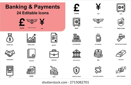 Un conjunto versátil de iconos financieros planos con símbolos de moneda, escudos, préstamos, cajeros automáticos y bolsas de dinero. Esta colección monocromática en un fondo de cuadrícula es perfecta para Sitios web bancarios, paneles de fintech e informes financieros.
