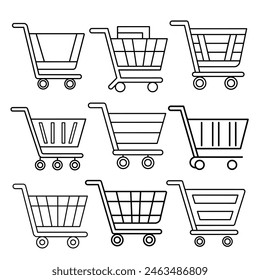 Versatile set of flat-style shopping cart icons, perfect for e-commerce sites, apps, and retail projects. Clean and modern design enhances user interface and improves navigation. Ideal for digital use