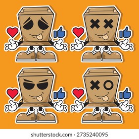 A versatile set of four expressive cardboard box mascots featuring social media symbols. Perfect for e-commerce branding, delivery service marketing, and creative sticker designs. High-quality urban style vector art.