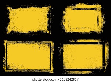 A versatile set of four high-contrast vector grunge frames. This collection offers varied distressed styles in yellow and black, including a bold inverted version for maximum design impact.