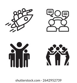 A versatile set of four vector icons representing key business and teamwork concepts. This collection includes symbols for a startup launch and growth (team on a rocket), communication and meetings.