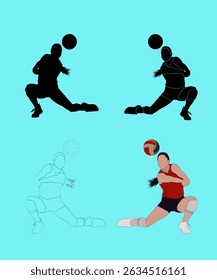 A versatile set of four volleyball ball illustrations, perfect for a variety of design needs. This collection includes a solid black silhouette