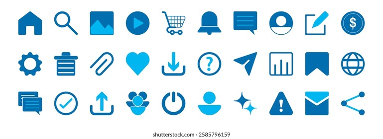A versatile set of general icons for websites, apps, UI UX, ads, and videos. Includes home, search, settings, messages, cart, share,  analytics, and more. Clean, modern, and perfect for digital use
