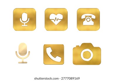 A versatile set of gold metallic utility icons designed for modern digital interfaces and applications. This collection includes essential icons such as a microphone heartbeat pulse telephone and camera all rendered with a sophisticated brushed gold finish. These icons are perfect for enhancing the visual appeal of mobile apps websites and interactive media software.