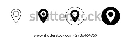 A versatile set of graphic icons representing location pins in various styles, including outline, solid fill, and enclosed within circles, perfect for digital maps and navigation interfaces.