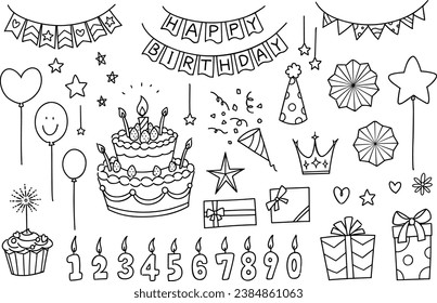 A versatile set of hand-drawn birthday party-themed line illustrations suitable for a variety of uses.