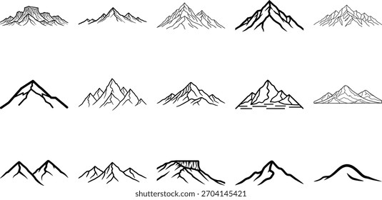 A versatile set of hand-drawn line art mountain illustrations, featuring various peak shapes and range outlines suitable for nature, travel, adventure, and outdoor designs.