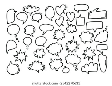 A versatile set of hand-drawn speech bubbles and thought bubbles in various shapes and sizes.