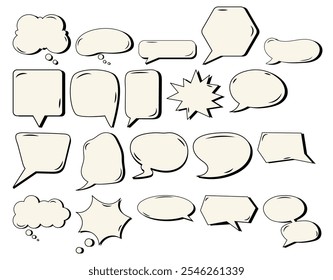 Um conjunto versátil de balões de fala e pensamento desenhados à mão em várias formas, perfeito para projetos de quadrinhos, ilustração e design criativo.