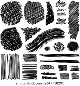 Um conjunto versátil de elementos grunge vetoriais desenhados à mão. Inclui traçados de pincel, hachura irregular e texturas rabiscadas para diversos projetos de design criativo. Gráficos isolados.