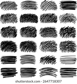 A versatile set of hand-drawn vector scribble textures. Black grunge hatching and sketchy shapes for artistic projects and creative backgrounds. Isolated graphic elements.