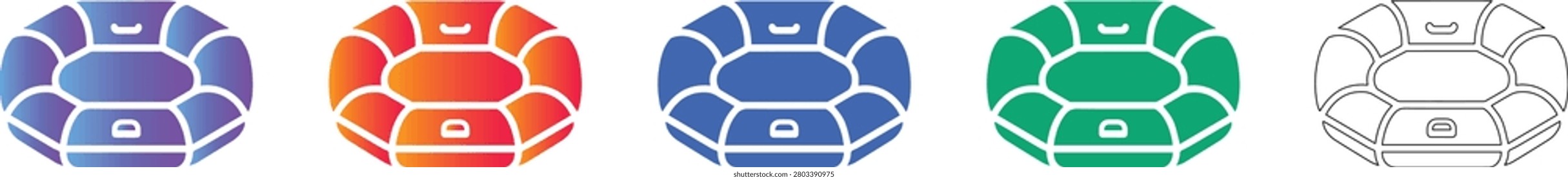 A versatile set of inflatable raft or life boat icons featuring a classic circular design. These graphics are available in four colorful gradients and one monochrome line style, ideal for water sports, adventure travel, or emergency equipment themes.