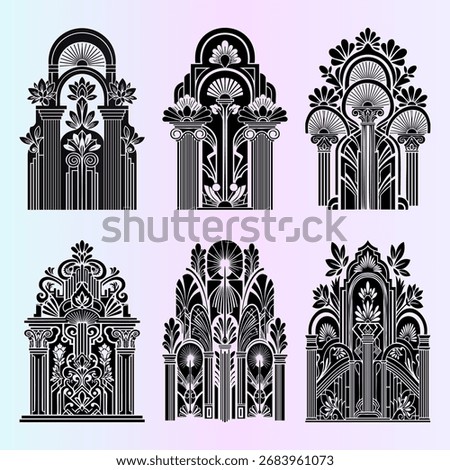 Versatile set of intricate Art Deco design elements. Features elegant arches, ornate pillars, perfect for luxury branding, vintage themes, and sophisticated graphic projects.