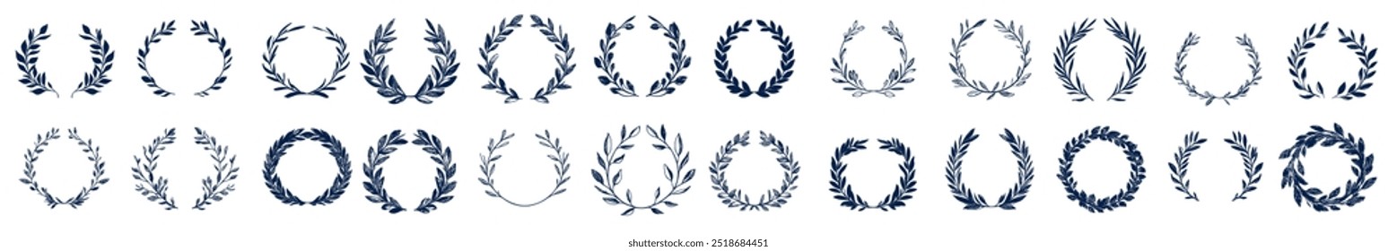 Um conjunto versátil de desenhos de coroa de louro, apresentando vários padrões circulares e semicírculos em preto. Coleção de Laurel Wreath Designs em preto. Ilustração vetorial