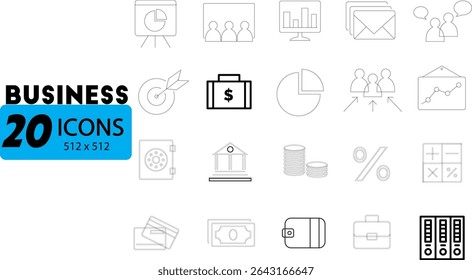 Versatile set of line icons for finance, banking, and business concepts. Perfect for websites, apps, and infographics.