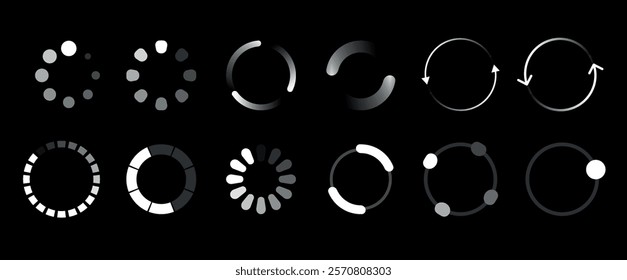 A versatile set of loading icons featuring spinning circles, geometric shapes, and progress indicators. Designed for modern apps, websites, and infographics, these vector elements convey motion